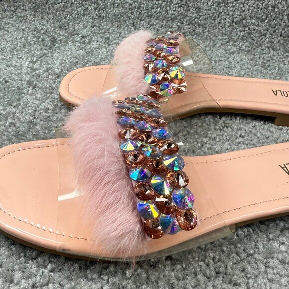 Faux Fur & Rhinestone Embellished Pink Slide Sandals Miss Lola Size 9 Slip On - Picture 14 of 16